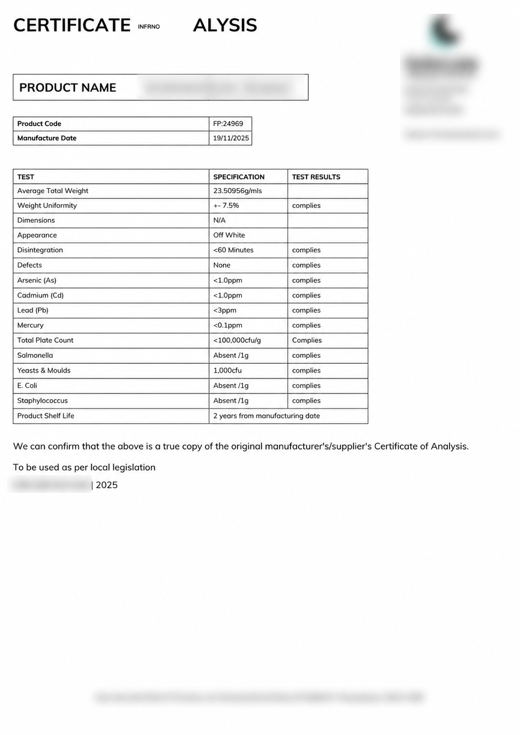 Certificate of Analysis (COA)