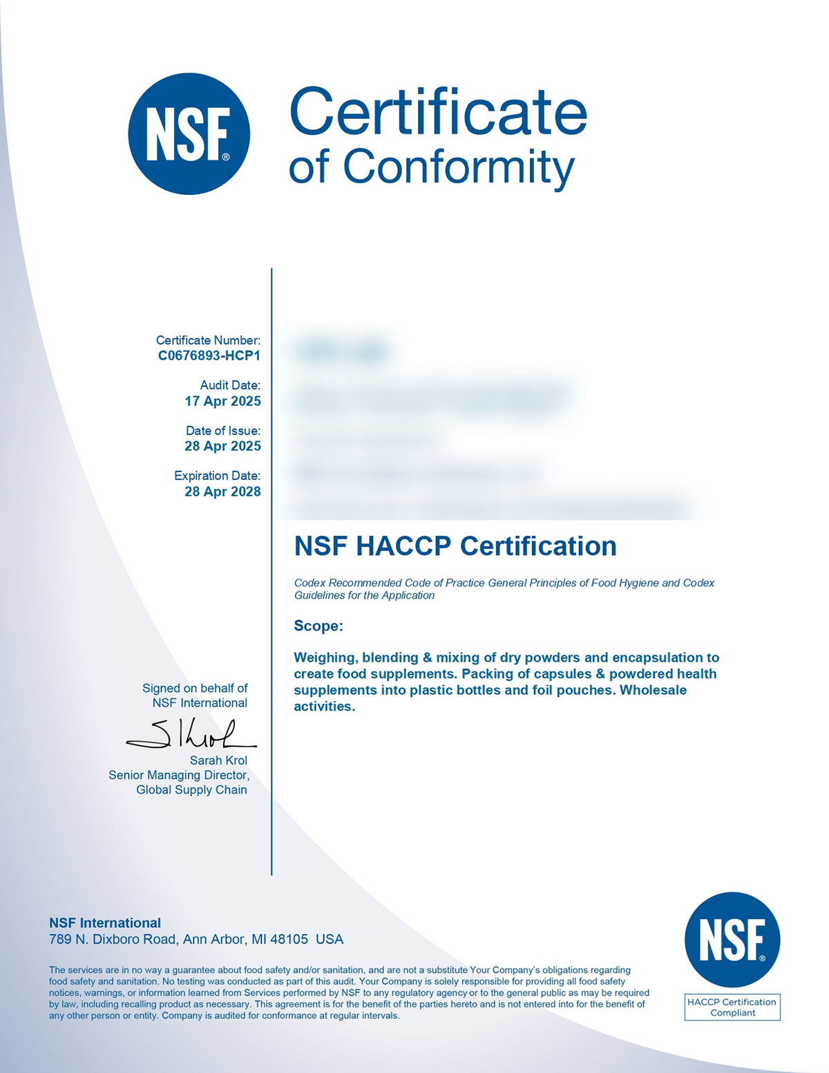 NSF HACCP Certification